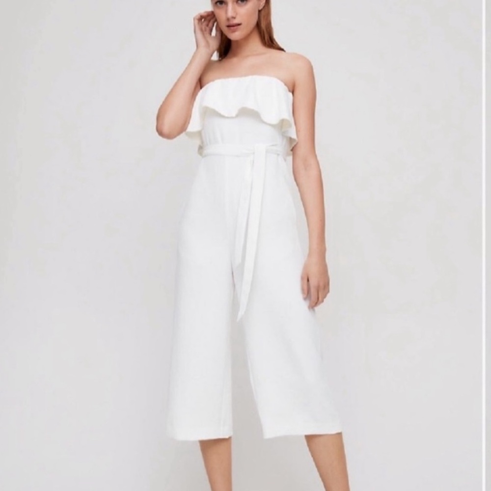 Babaton White Strapless Ruffle Jumpsuit size 6
